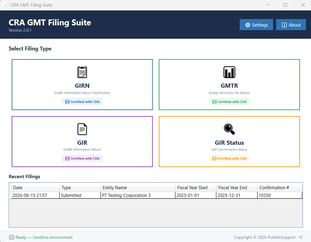 CRA GMT Filing Suite Screenshot